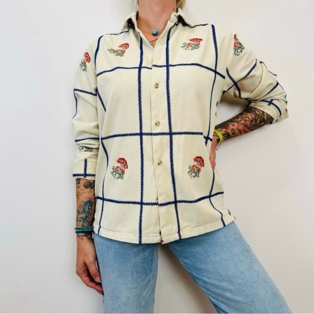 Urban Outfitters Flannel Cream Checkered Shirt with Embroidered Mushrooms - Picture 11 of 11